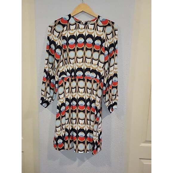 Women's H & M Dress Navy White Brown Pattern Long-Sleeve Knee-Length Pleated - Picture 1 of 7